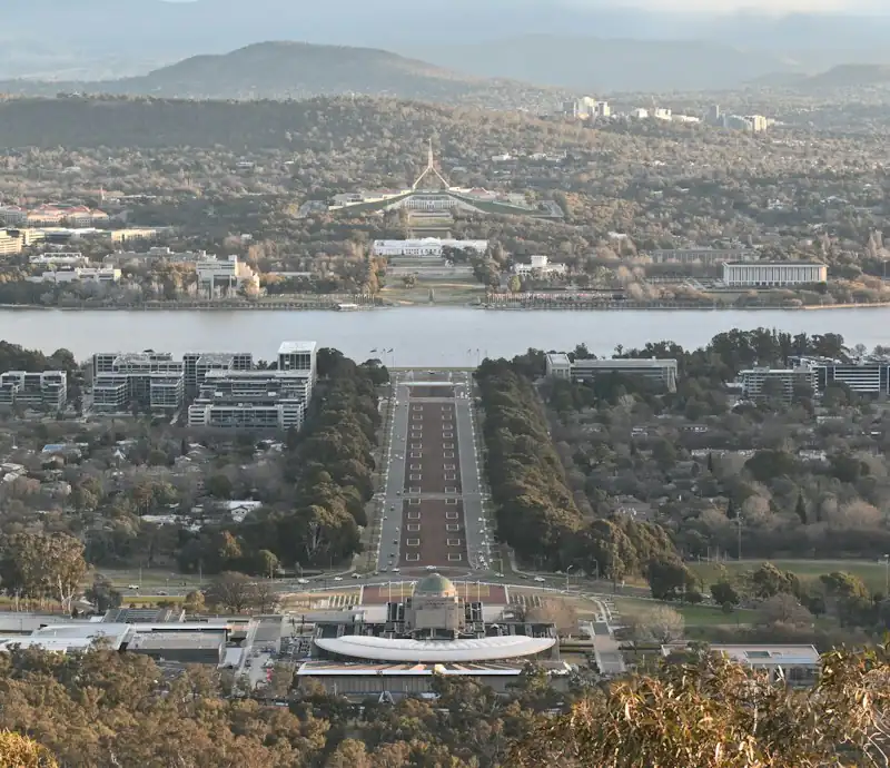 Anzac Parade running to Lake Burley Griffin and Parliament House, seen from Mount Ainslie